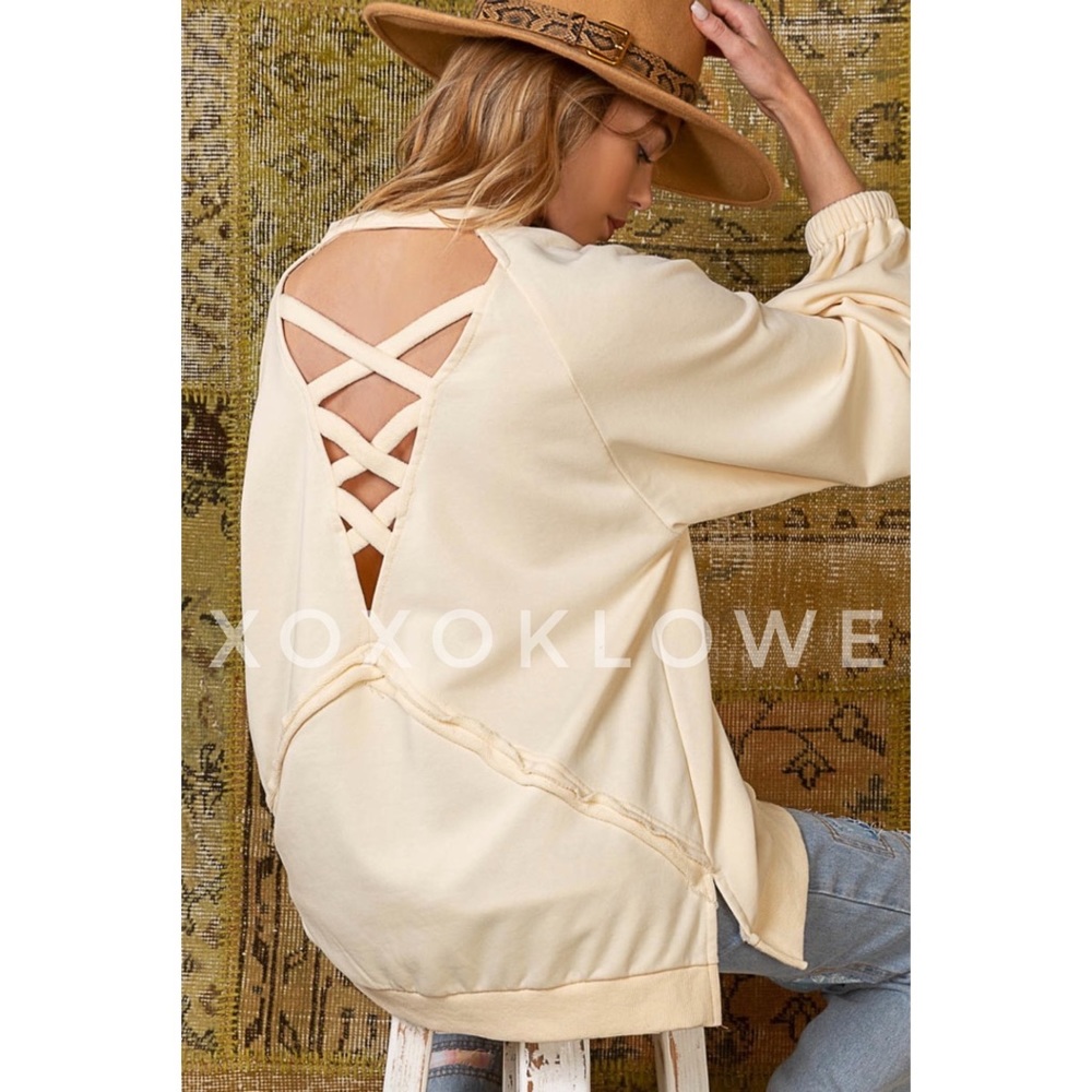 POL Butter Cream French Terry Criss Cross Back Pullover | Slouchy Fit - Picture 12 of 13